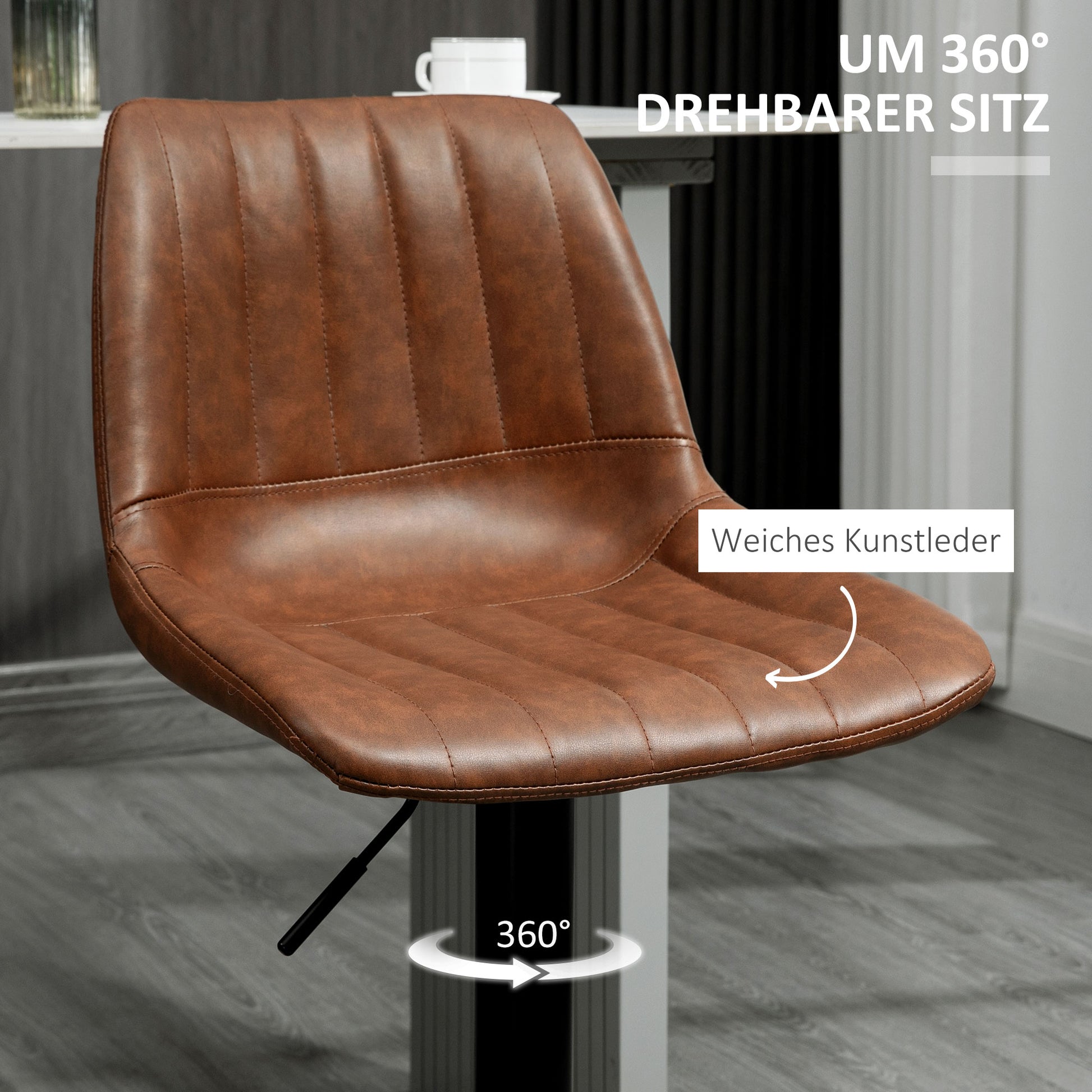Bar Stool Set of 2, 360° Swivel Padded Bar Chair with Footrest, Backrest, Height Adjustable Faux Leather Counter Stool for Kitchen, Living Room, Dining Room Brown