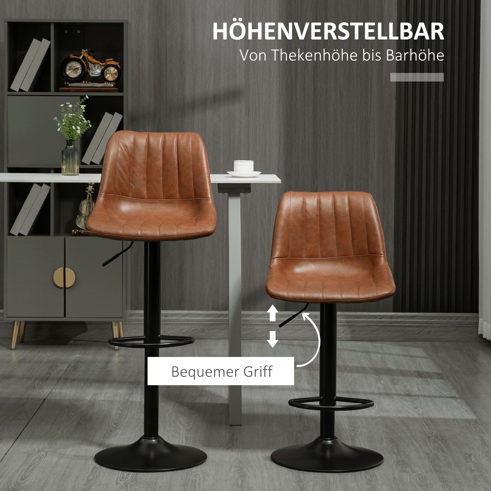 Bar Stool Set of 2, 360° Swivel Padded Bar Chair with Footrest, Backrest, Height Adjustable Faux Leather Counter Stool for Kitchen, Living Room, Dining Room Brown