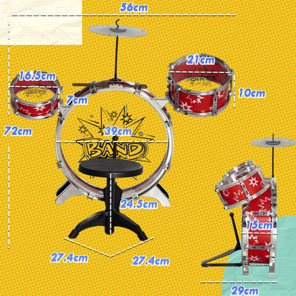 Kids Drum Set 3-6 Years 7 Piece with Stool and Drumsticks, Plastic and Metal Musical Toy, 72x29x56 cm, Red