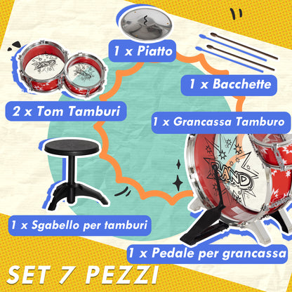 Kids Drum Set 3-6 Years 7 Piece with Stool and Drumsticks, Plastic and Metal Musical Toy, 72x29x56 cm, Red