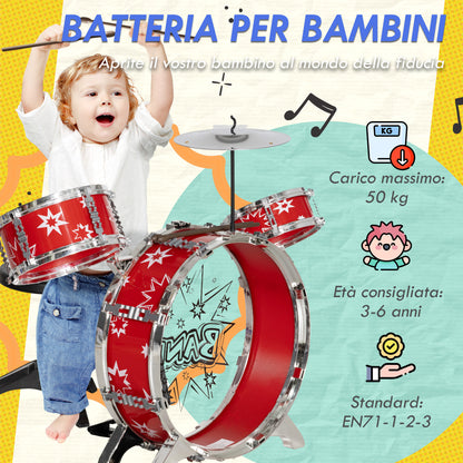 Kids Drum Set 3-6 Years 7 Piece with Stool and Drumsticks, Plastic and Metal Musical Toy, 72x29x56 cm, Red