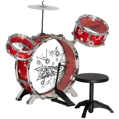 Kids Drum Set 3-6 Years 7 Piece with Stool and Drumsticks, Plastic and Metal Musical Toy, 72x29x56 cm, Red