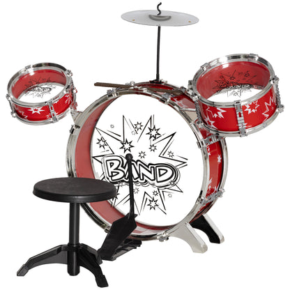 Kids Drum Set 3-6 Years 7 Piece with Stool and Drumsticks, Plastic and Metal Musical Toy, 72x29x56 cm, Red