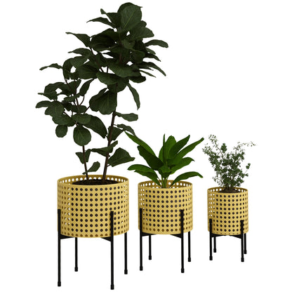 3-Piece Plant Stand Set Flower Stands with Rattan Look Plant Stools Flower Stools for Indoor and Outdoor Spaces Steel Gold