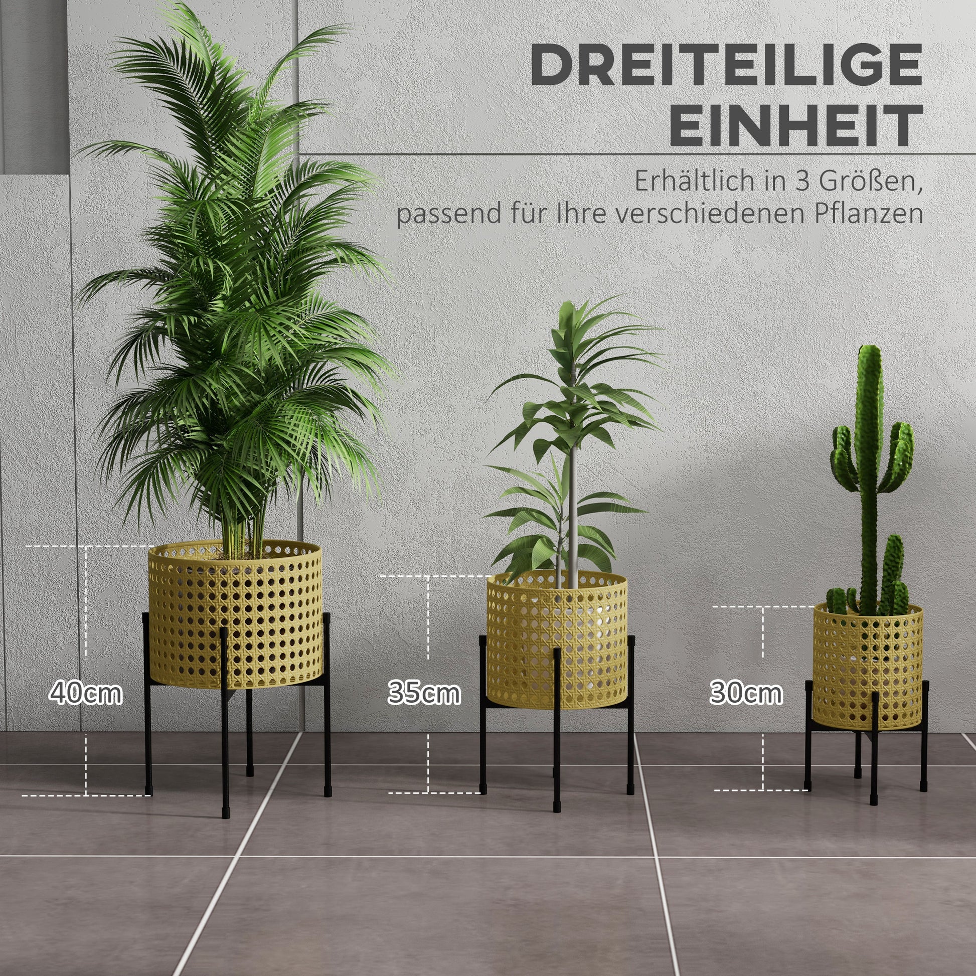 3-Piece Plant Stand Set Flower Stands with Rattan Look Plant Stools Flower Stools for Indoor and Outdoor Spaces Steel Gold