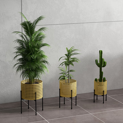 3-Piece Plant Stand Set Flower Stands with Rattan Look Plant Stools Flower Stools for Indoor and Outdoor Spaces Steel Gold