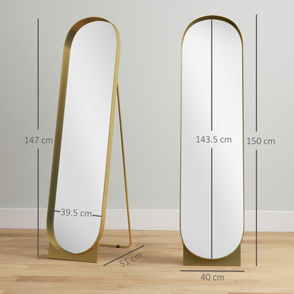 Full Length Floor Mirror 40x150 cm, Modern Vertical Mirror with Metal Frame and Shatterproof Film, Freestanding or Wall-Mounted, for Bedroom and Entryway, Gold