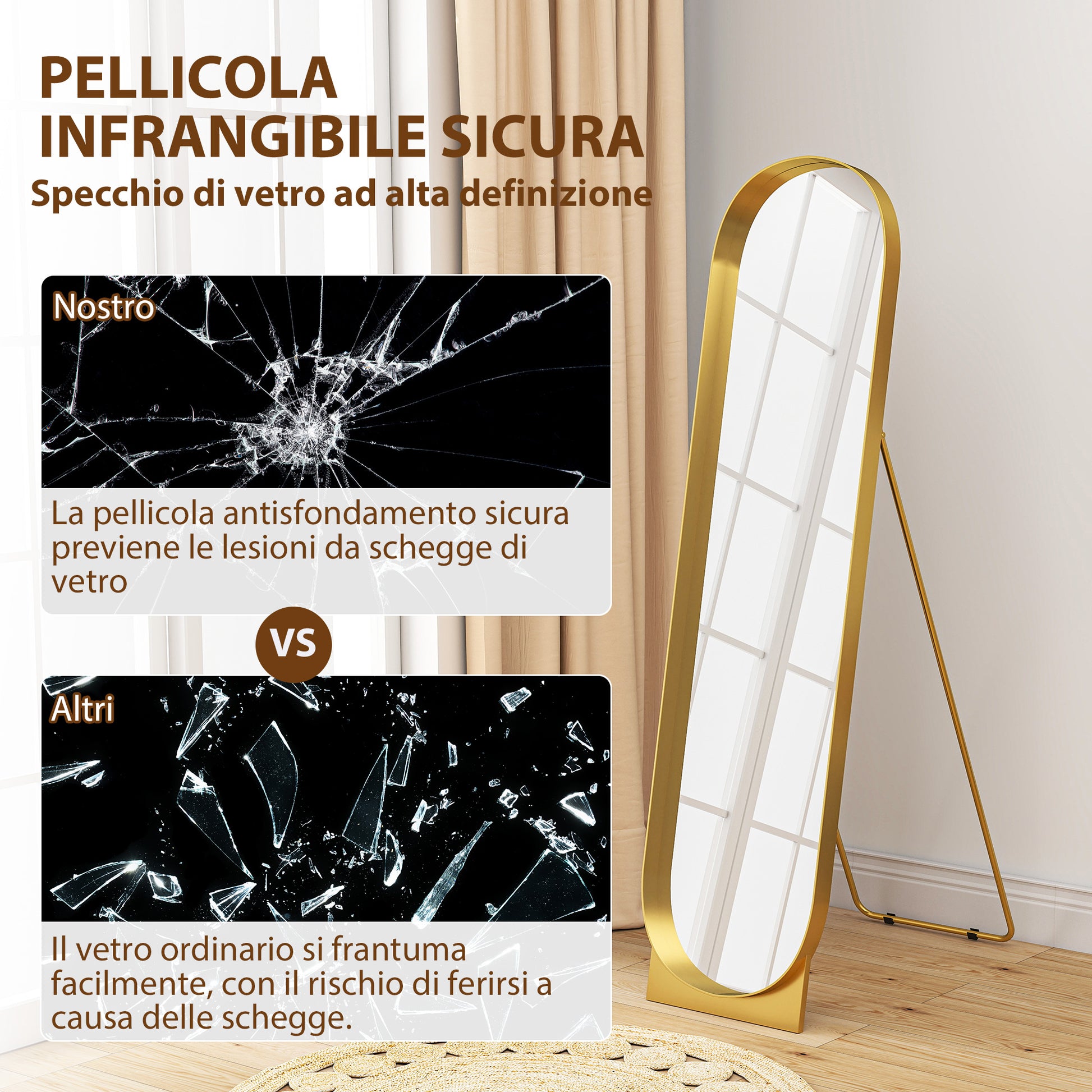 Full Length Floor Mirror 40x150 cm, Modern Vertical Mirror with Metal Frame and Shatterproof Film, Freestanding or Wall-Mounted, for Bedroom and Entryway, Gold