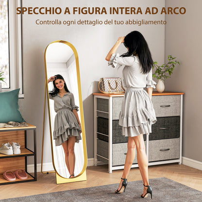 Full Length Floor Mirror 40x150 cm, Modern Vertical Mirror with Metal Frame and Shatterproof Film, Freestanding or Wall-Mounted, for Bedroom and Entryway, Gold