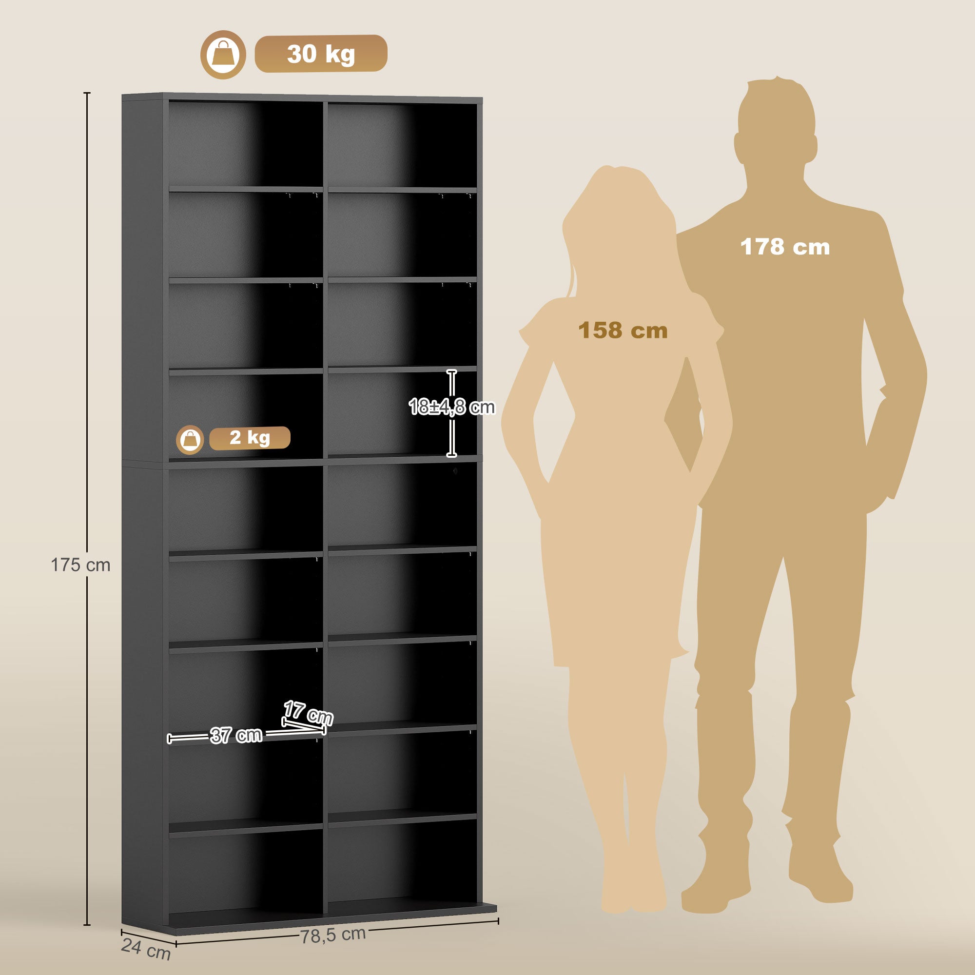 CD, DVD & Blu‑ray Media Storage Tower — Holds up to 640 CDs / 360 DVDs / 430 Blu‑rays, Adjustable Shelves, Black (30.9 x 9.4 x 68.9 in)