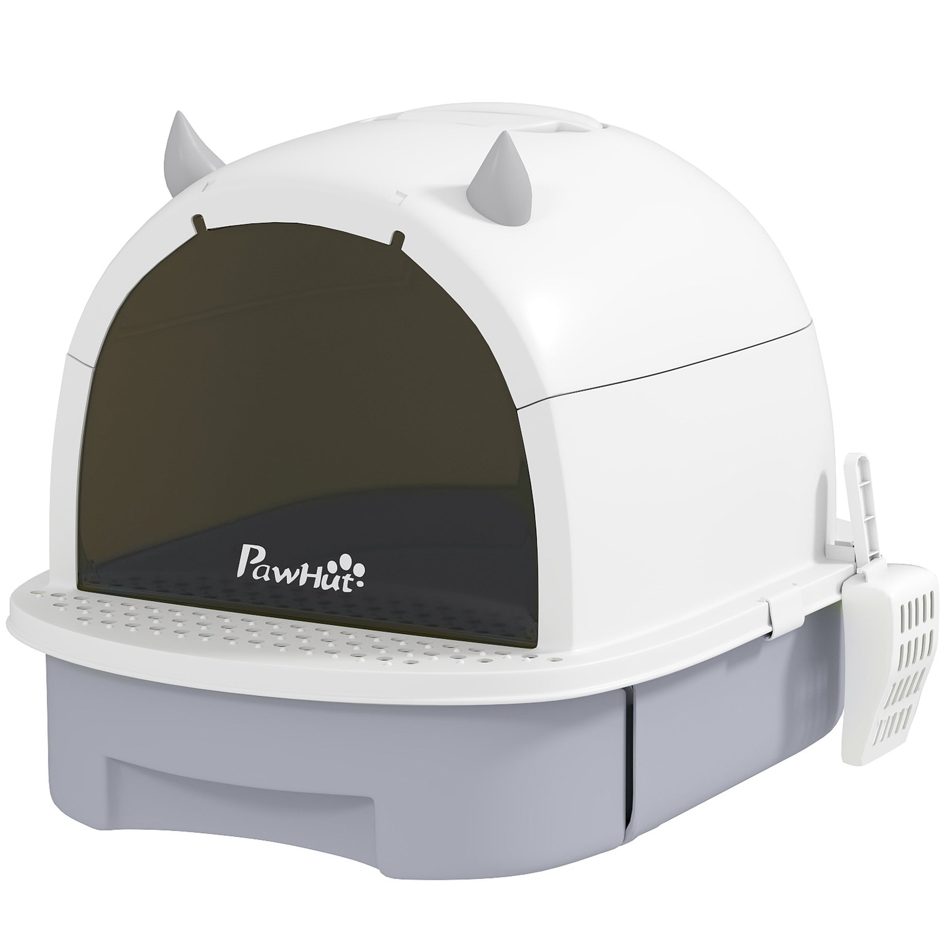 Covered Cat Litter Box Enclosed Cat Litter Pan with Removable Lid Removable Tray Carbon Filter Scoop and Top Handle 40.5x52x39 cm White and Gray