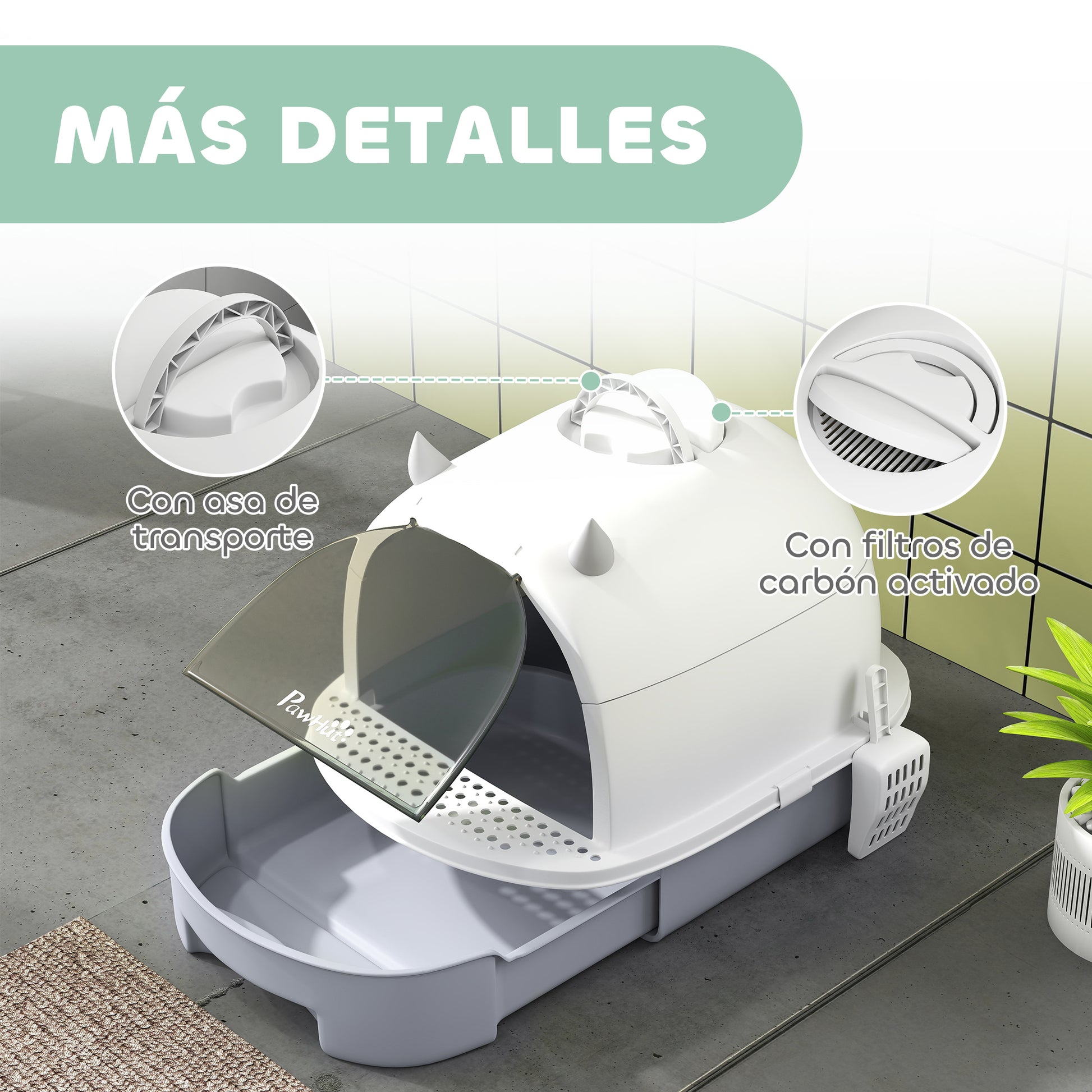 Covered Cat Litter Box Enclosed Cat Litter Pan with Removable Lid Removable Tray Carbon Filter Scoop and Top Handle 40.5x52x39 cm White and Gray