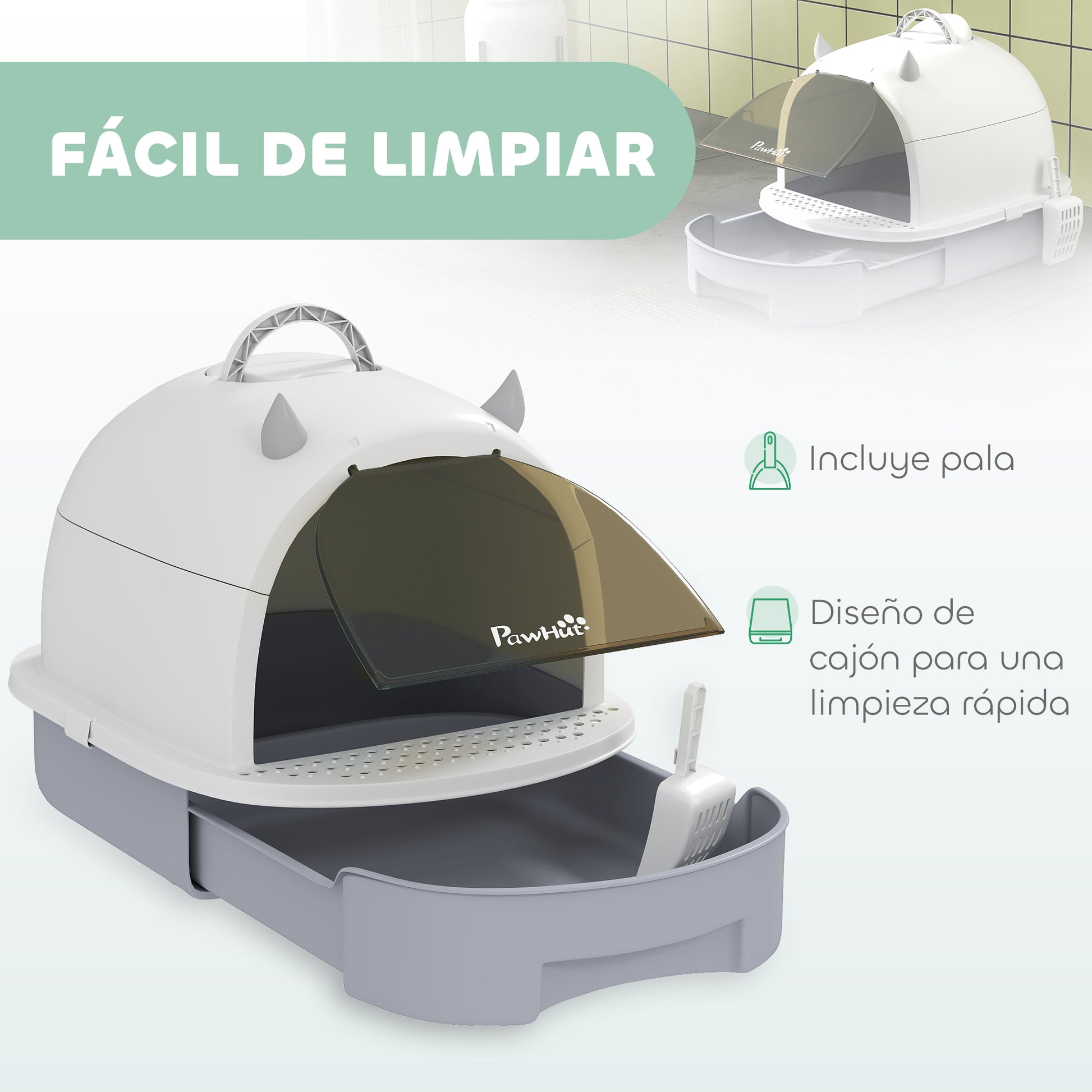 Covered Cat Litter Box Enclosed Cat Litter Pan with Removable Lid Removable Tray Carbon Filter Scoop and Top Handle 40.5x52x39 cm White and Gray