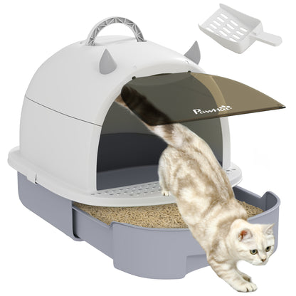 Covered Cat Litter Box Enclosed Cat Litter Pan with Removable Lid Removable Tray Carbon Filter Scoop and Top Handle 40.5x52x39 cm White and Gray