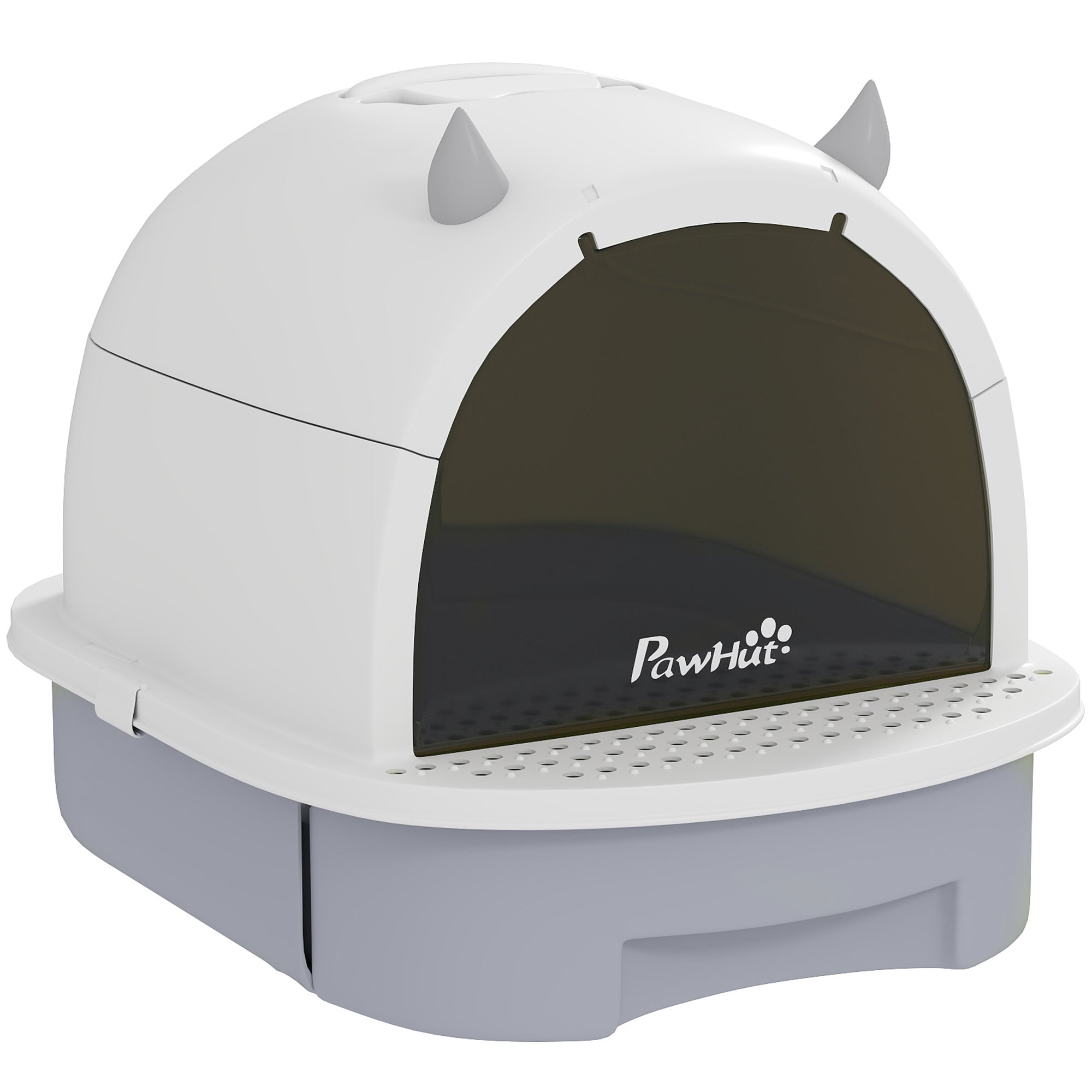 Covered Cat Litter Box Enclosed Cat Litter Pan with Removable Lid Removable Tray Carbon Filter Scoop and Top Handle 40.5x52x39 cm White and Gray
