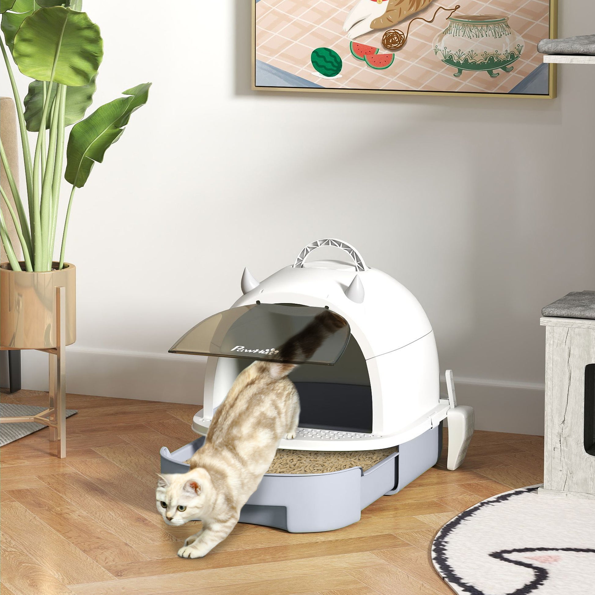 Covered Cat Litter Box Enclosed Cat Litter Pan with Removable Lid Removable Tray Carbon Filter Scoop and Top Handle 40.5x52x39 cm White and Gray