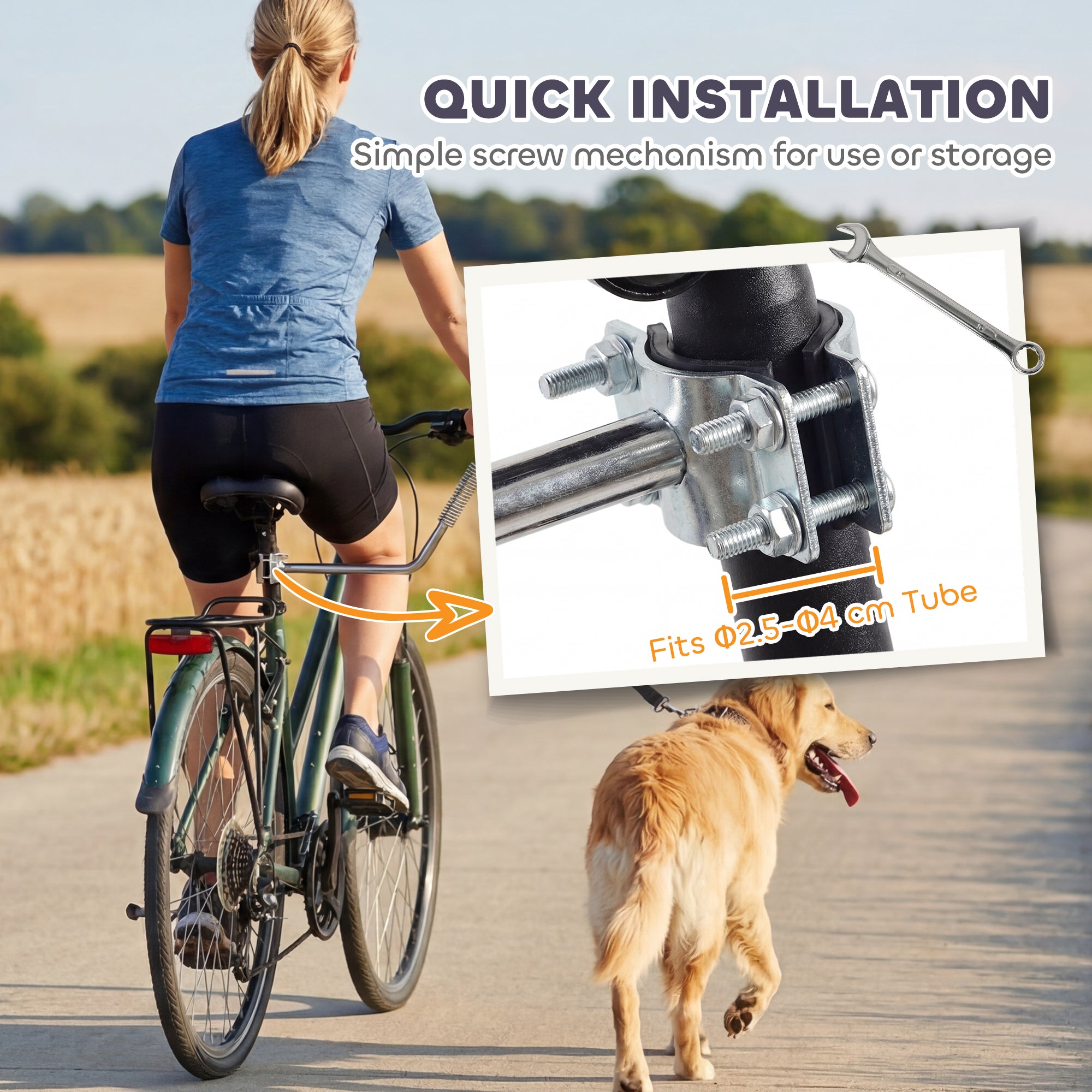 Bike Leash for Dogs with Shock Absorber, Adjustable Lead & Quick-Release — Silver/Black