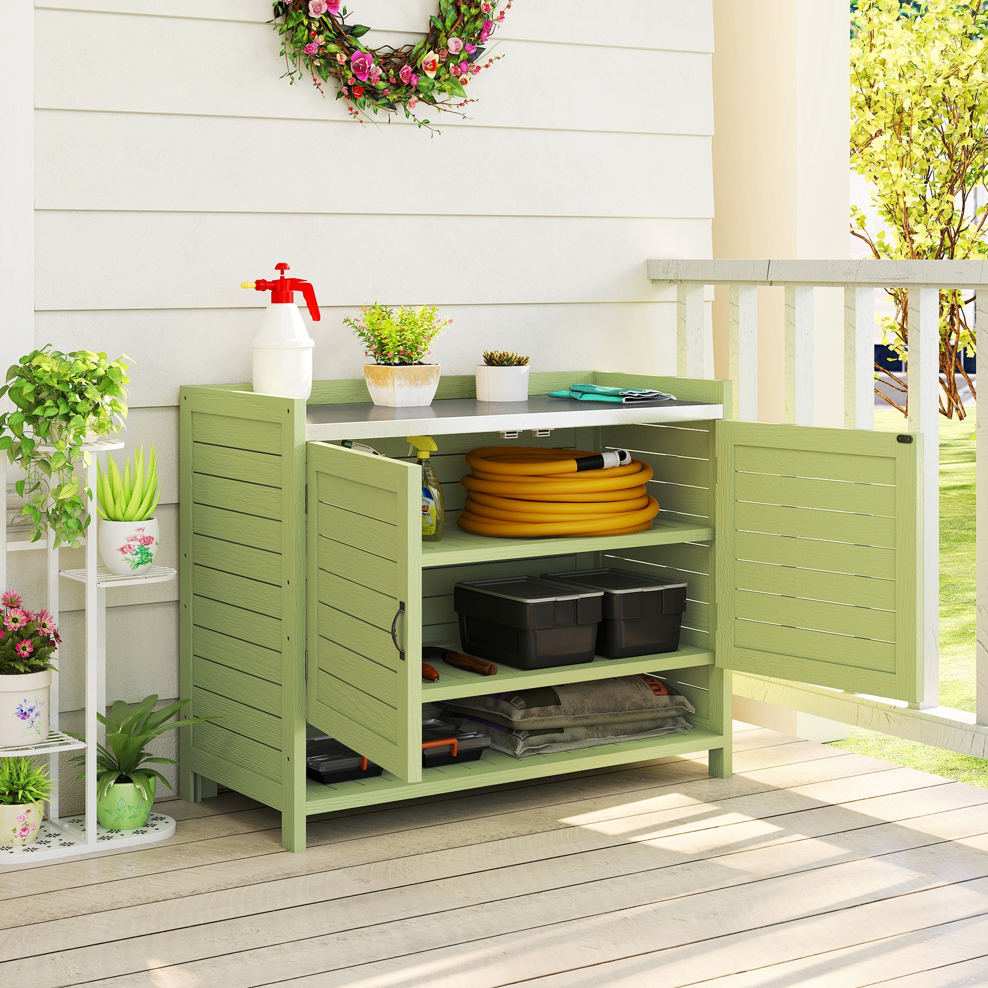 Pine Potting Bench with Cabinet and Galvanized Worktop, 3 Shelves, Double Doors — Weatherproof Garden Table for Patio, Balcony, Porch (Green) — 88 x 40 x 70.5 cm