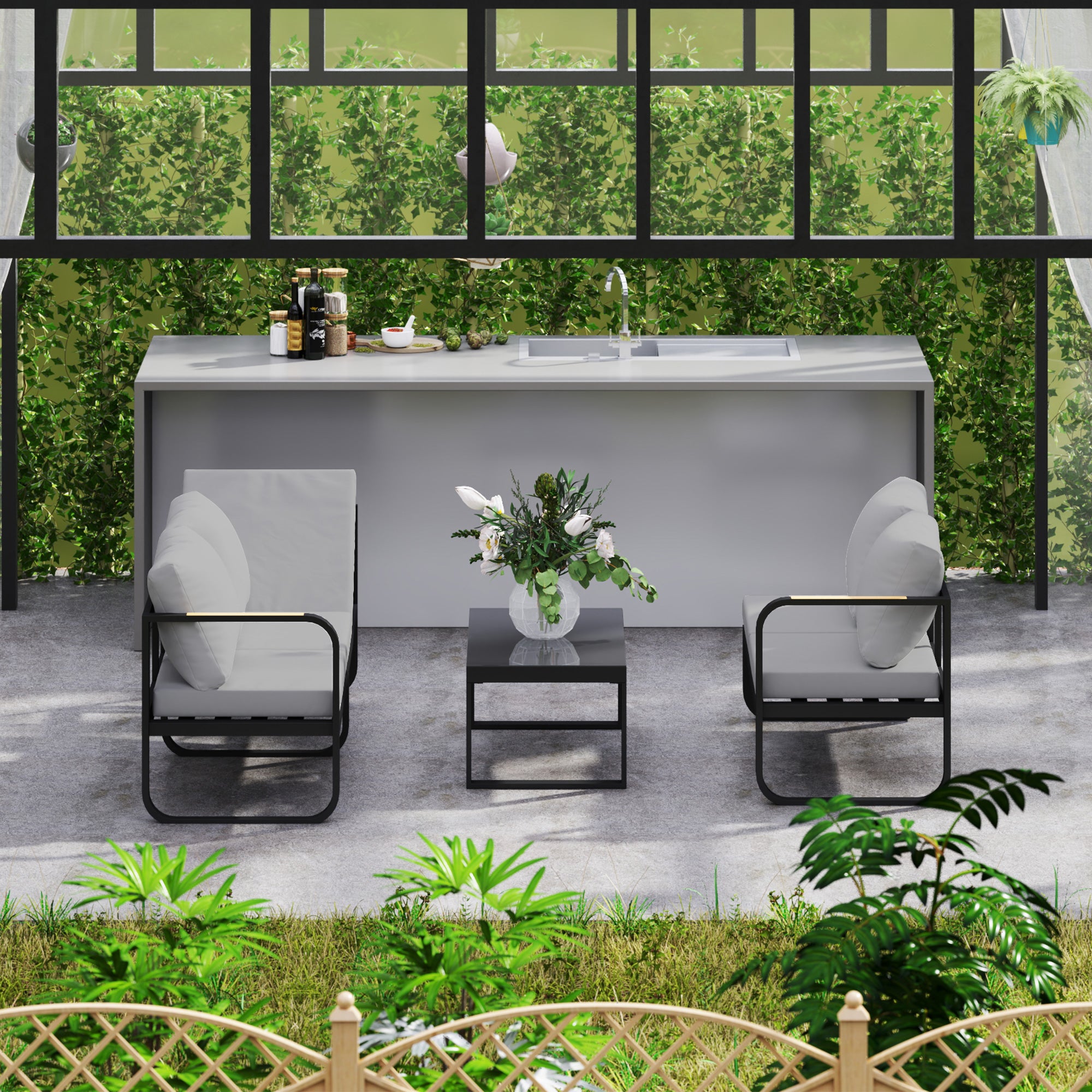 3-Piece Outdoor Garden Lounge Set, 5-Seater Corner Garden Lounge Set with Sofas and Glass Coffee Table, 5 Adjustable Positions, Cushions, Garden Terrace Furniture, Gray