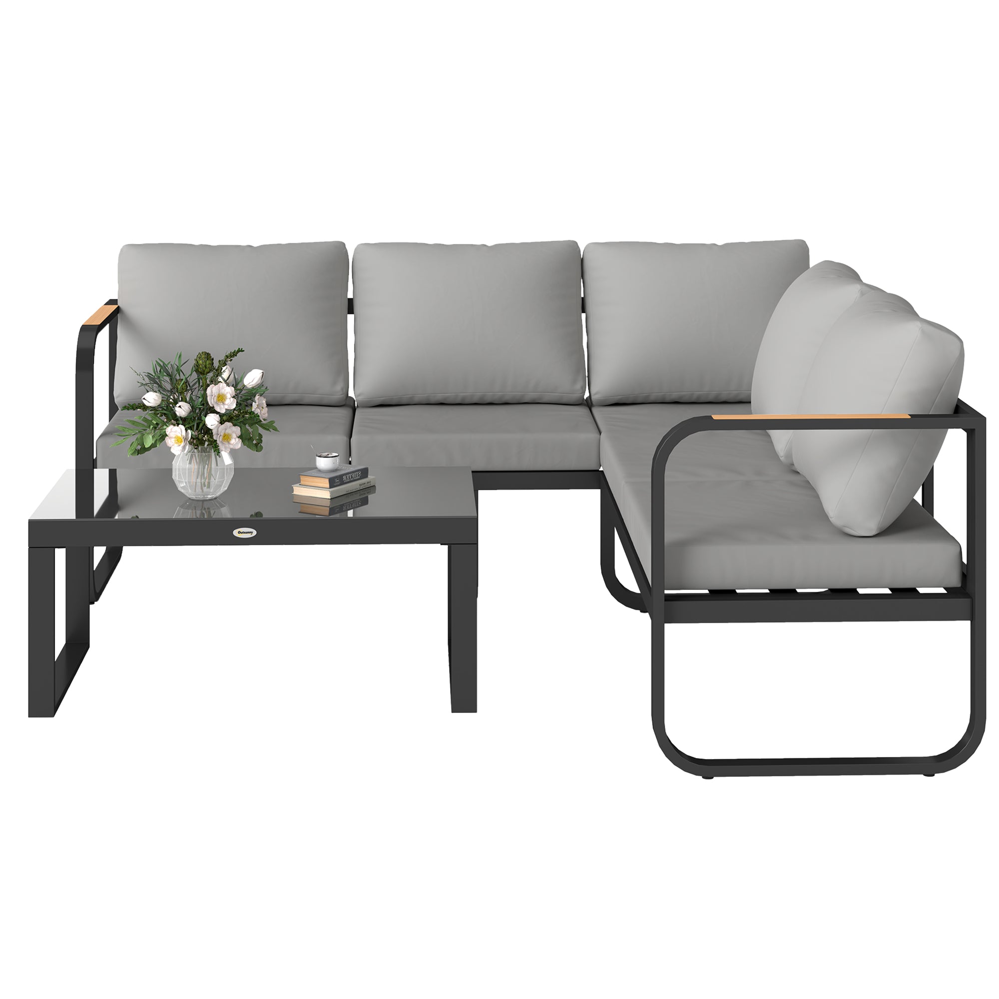 3-Piece Outdoor Garden Lounge Set, 5-Seater Corner Garden Lounge Set with Sofas and Glass Coffee Table, 5 Adjustable Positions, Cushions, Garden Terrace Furniture, Gray