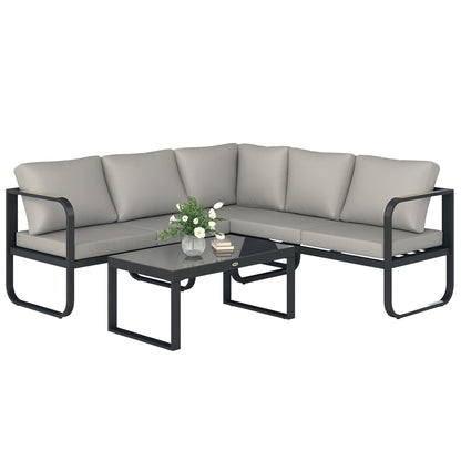 3-Piece Outdoor Garden Lounge Set, 5-Seater Corner Garden Lounge Set with Sofas and Glass Coffee Table, 5 Adjustable Positions, Cushions, Garden Terrace Furniture, Gray