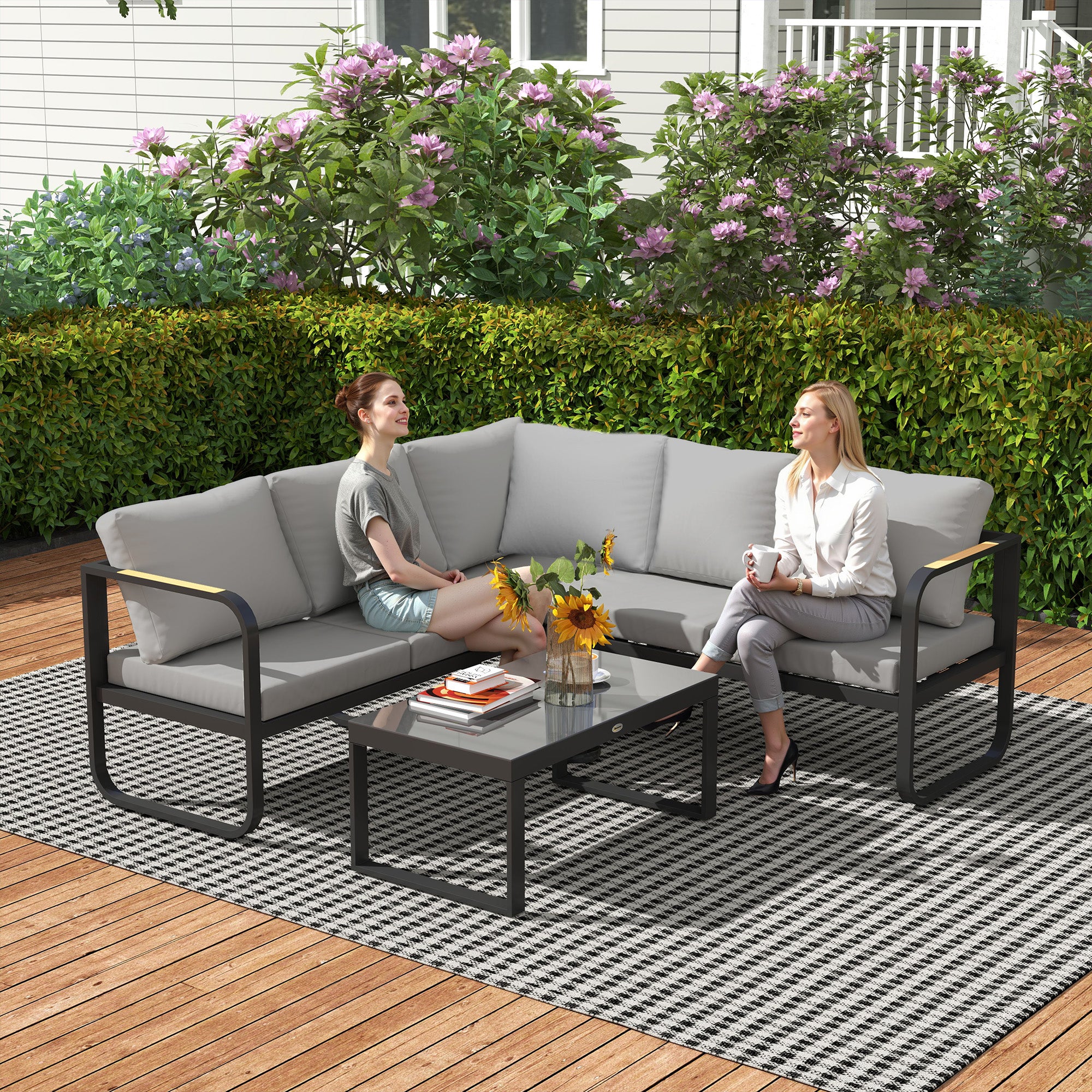 3-Piece Outdoor Garden Lounge Set, 5-Seater Corner Garden Lounge Set with Sofas and Glass Coffee Table, 5 Adjustable Positions, Cushions, Garden Terrace Furniture, Gray