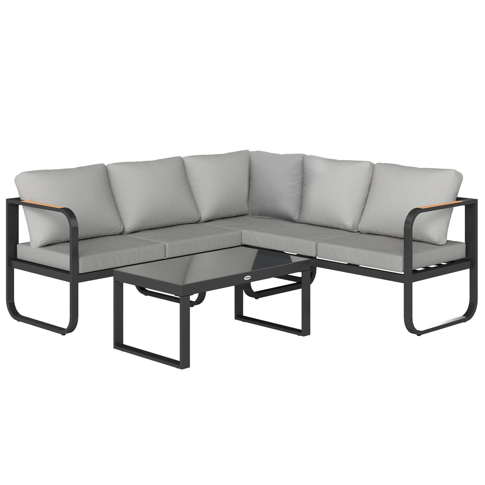 3-Piece Outdoor Garden Lounge Set, 5-Seater Corner Garden Lounge Set with Sofas and Glass Coffee Table, 5 Adjustable Positions, Cushions, Garden Terrace Furniture, Gray