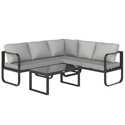 3-Piece Outdoor Garden Lounge Set, 5-Seater Corner Garden Lounge Set with Sofas and Glass Coffee Table, 5 Adjustable Positions, Cushions, Garden Terrace Furniture, Gray