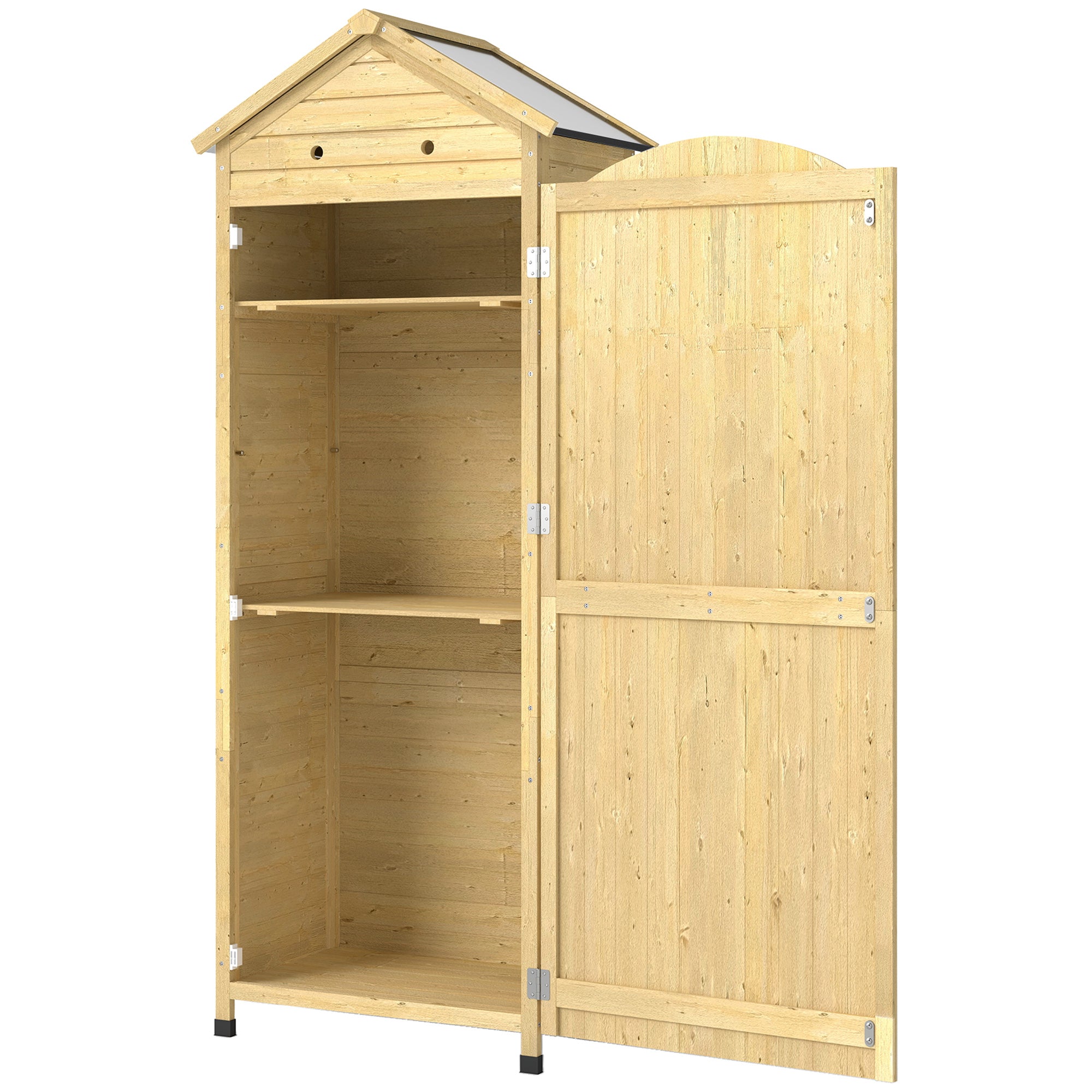 Natural Wood Garden Cabinet – 213 cm (84") High, Galvanized Metal Roof, Adjustable Shelves