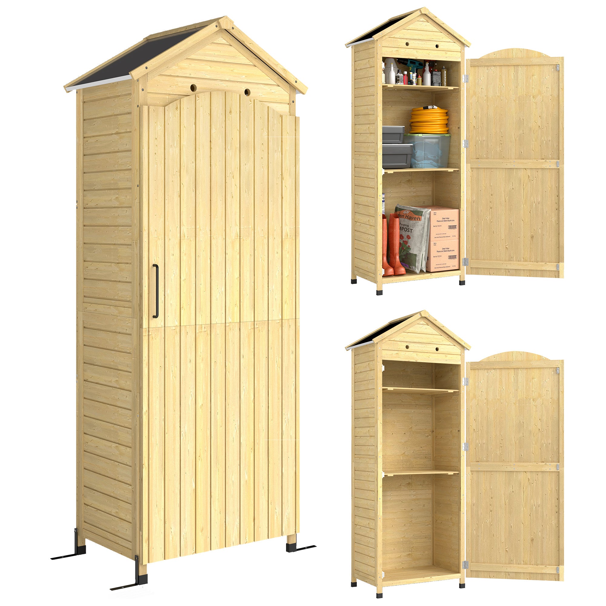 Natural Wood Garden Cabinet – 213 cm (84") High, Galvanized Metal Roof, Adjustable Shelves
