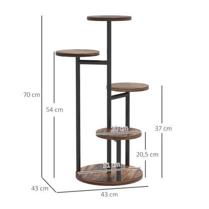 5-Tier Plant Stand Wooden and Steel Plant Holder with 5 Round Shelves Flower Pot Stand for Indoor and Outdoor 43x43x70 cm Charred