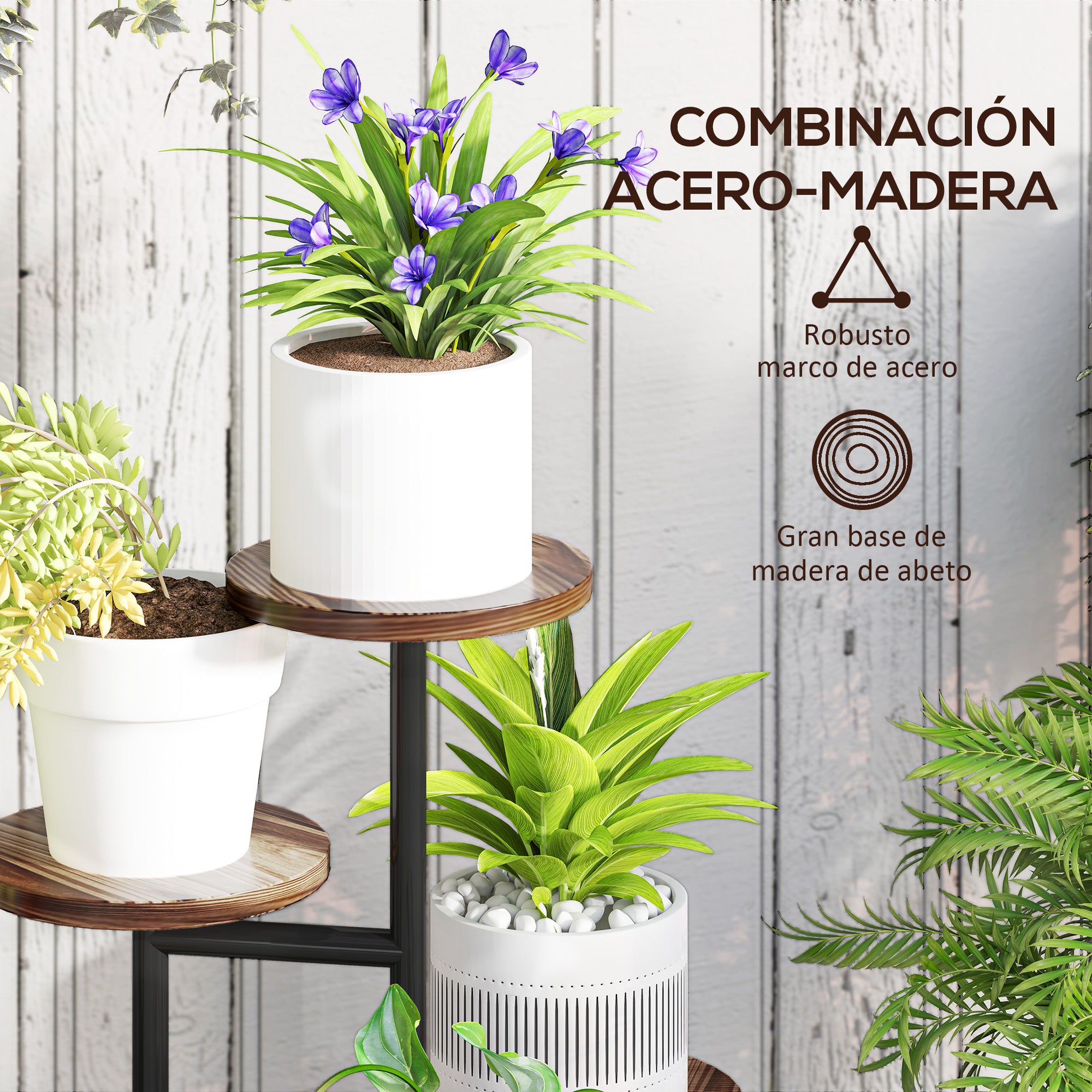 5-Tier Plant Stand Wooden and Steel Plant Holder with 5 Round Shelves Flower Pot Stand for Indoor and Outdoor 43x43x70 cm Charred