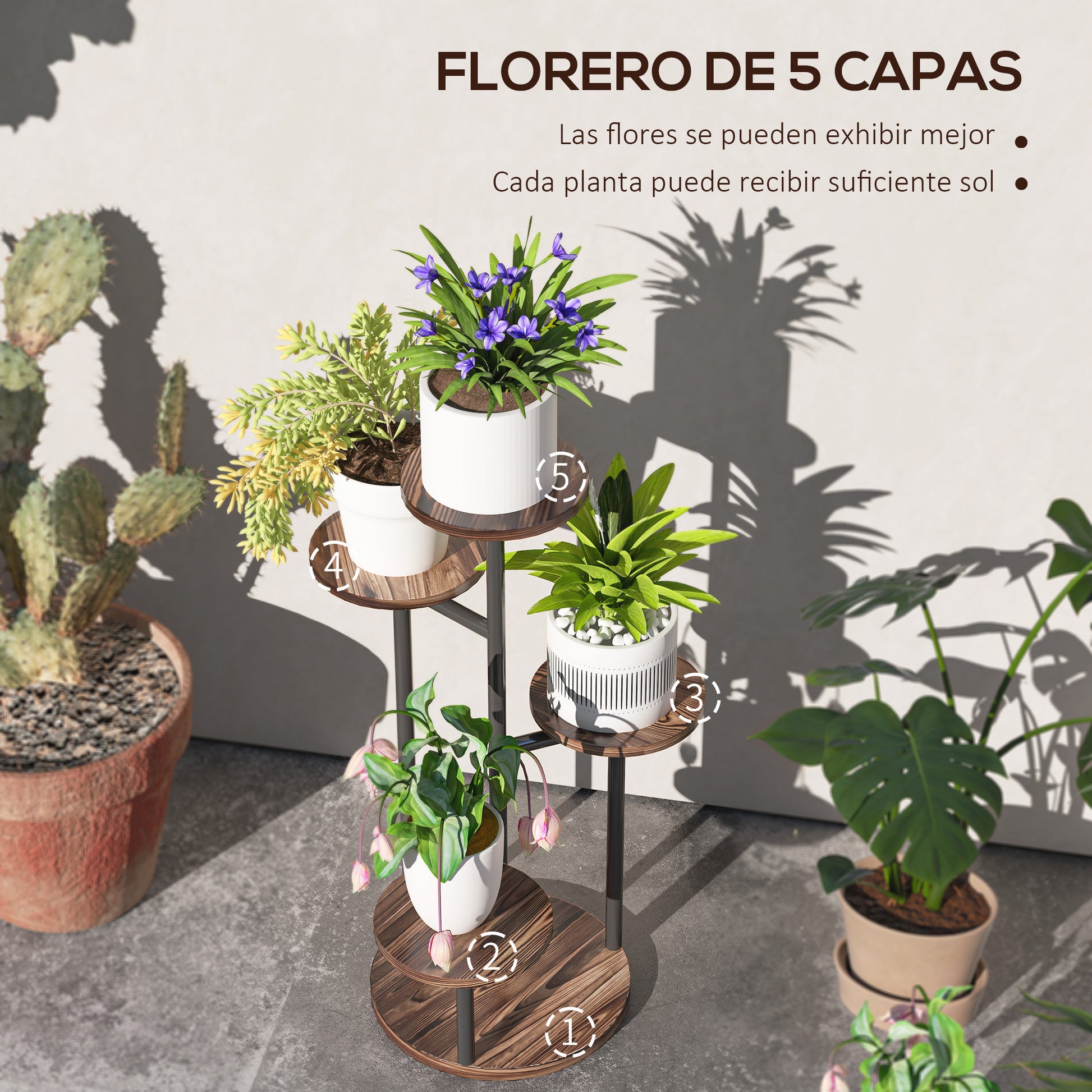 5-Tier Plant Stand Wooden and Steel Plant Holder with 5 Round Shelves Flower Pot Stand for Indoor and Outdoor 43x43x70 cm Charred