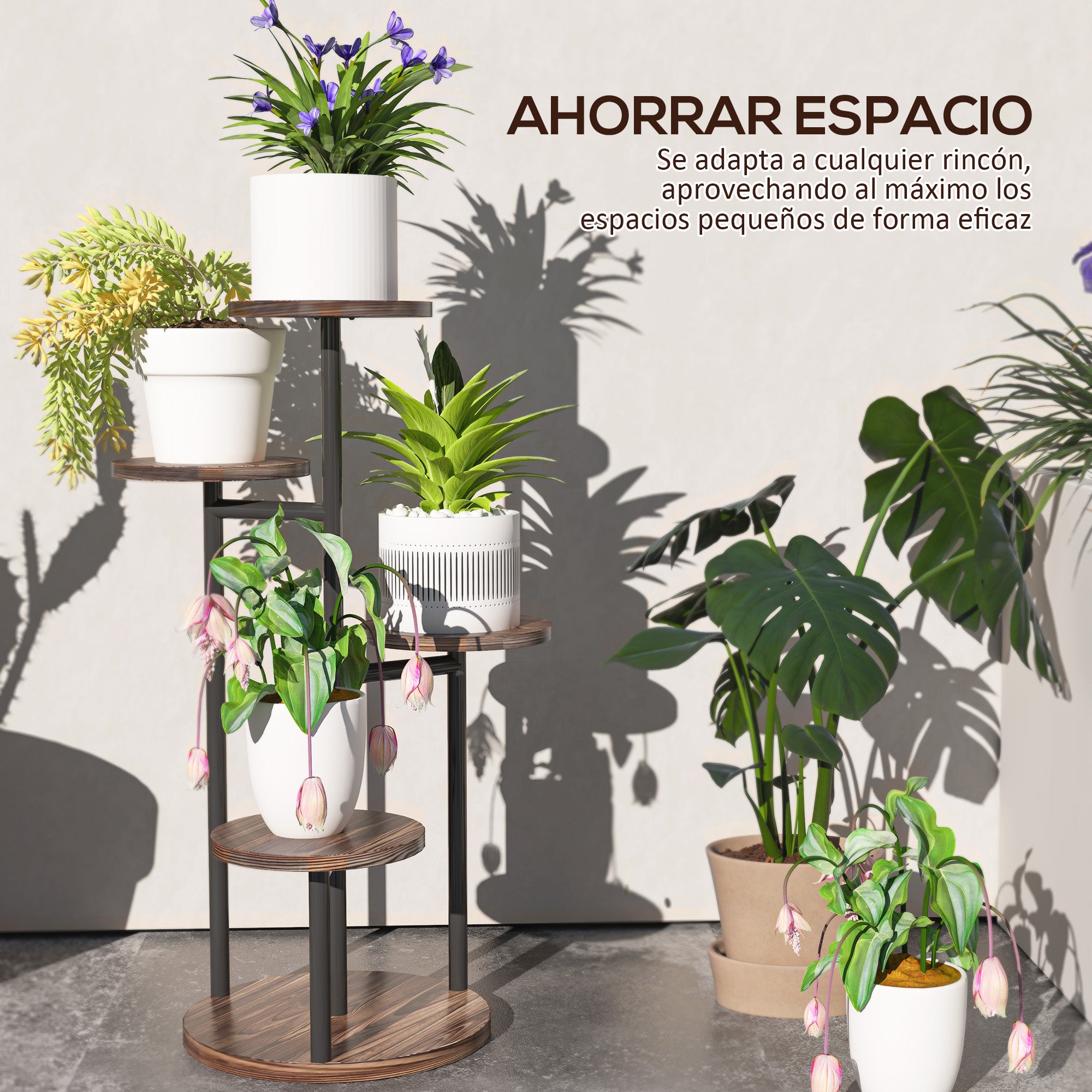 5-Tier Plant Stand Wooden and Steel Plant Holder with 5 Round Shelves Flower Pot Stand for Indoor and Outdoor 43x43x70 cm Charred