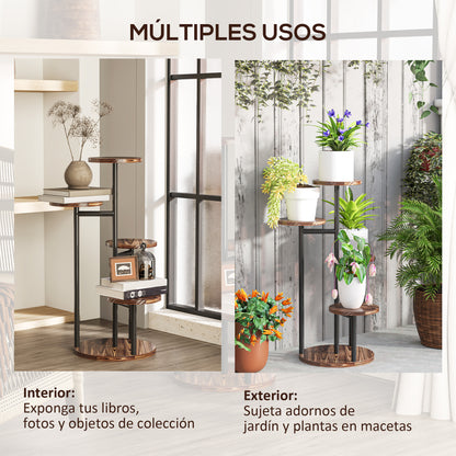 5-Tier Plant Stand Wooden and Steel Plant Holder with 5 Round Shelves Flower Pot Stand for Indoor and Outdoor 43x43x70 cm Charred