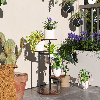 5-Tier Plant Stand Wooden and Steel Plant Holder with 5 Round Shelves Flower Pot Stand for Indoor and Outdoor 43x43x70 cm Charred