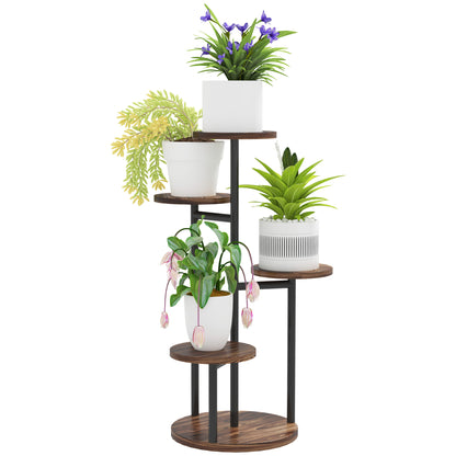 5-Tier Plant Stand Wooden and Steel Plant Holder with 5 Round Shelves Flower Pot Stand for Indoor and Outdoor 43x43x70 cm Charred