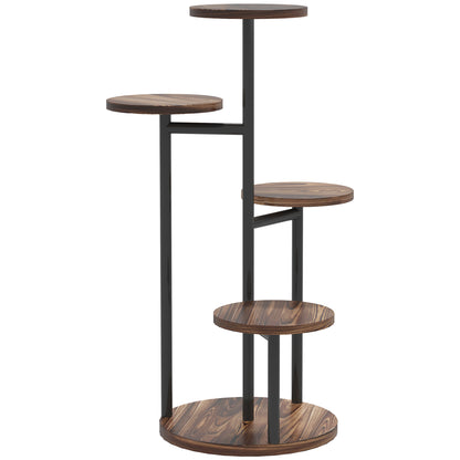 5-Tier Plant Stand Wooden and Steel Plant Holder with 5 Round Shelves Flower Pot Stand for Indoor and Outdoor 43x43x70 cm Charred
