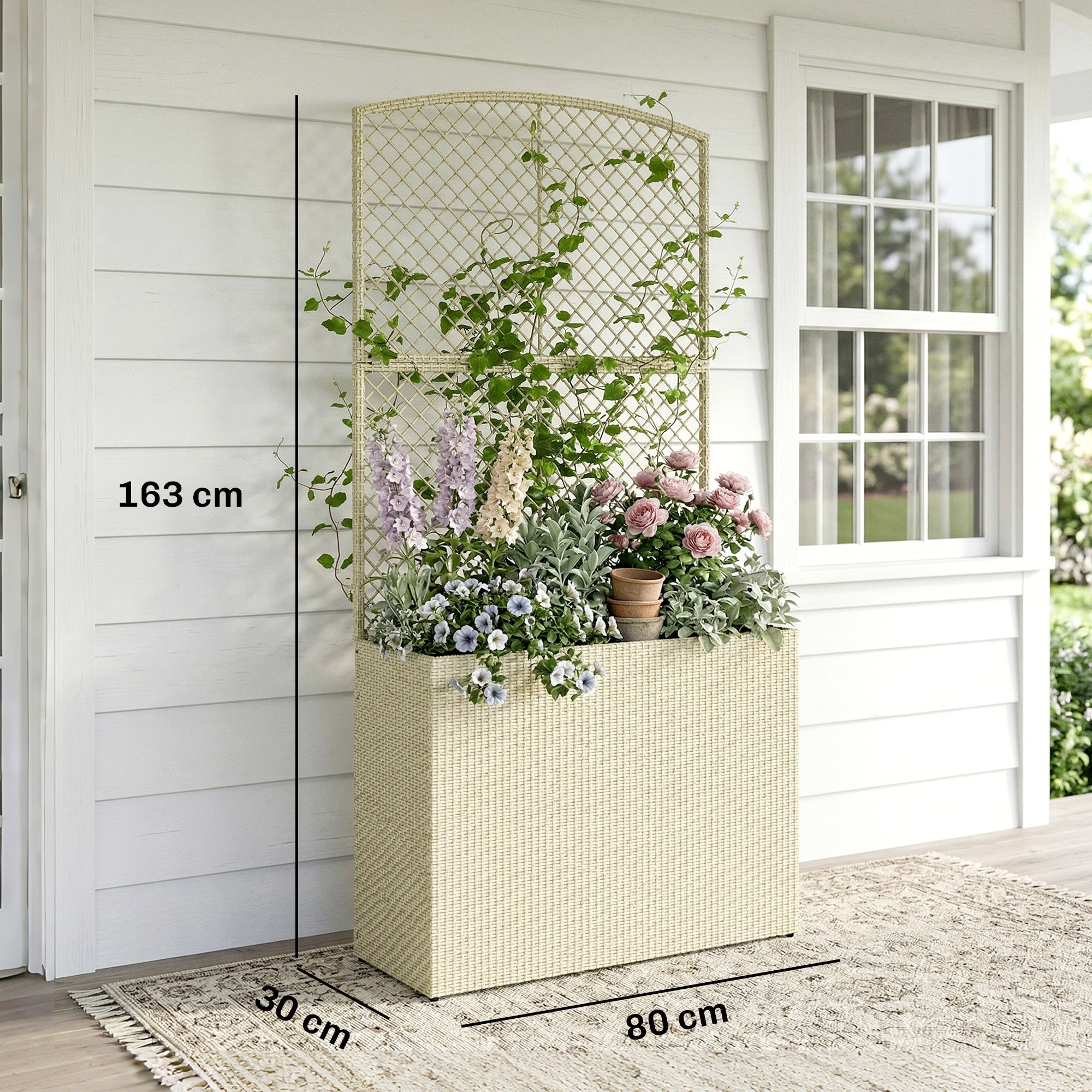 Rattan Planter with Trellis, Large Outdoor Raised Garden Bed with Liner for Vines, Herbs, Vegetables & Flowers, 31.5 x 11.8 x 64.2 in, Beige