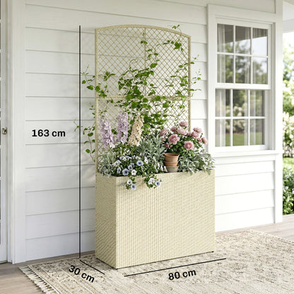 Rattan Planter with Trellis, Large Outdoor Raised Garden Bed with Liner for Vines, Herbs, Vegetables & Flowers, 31.5 x 11.8 x 64.2 in, Beige