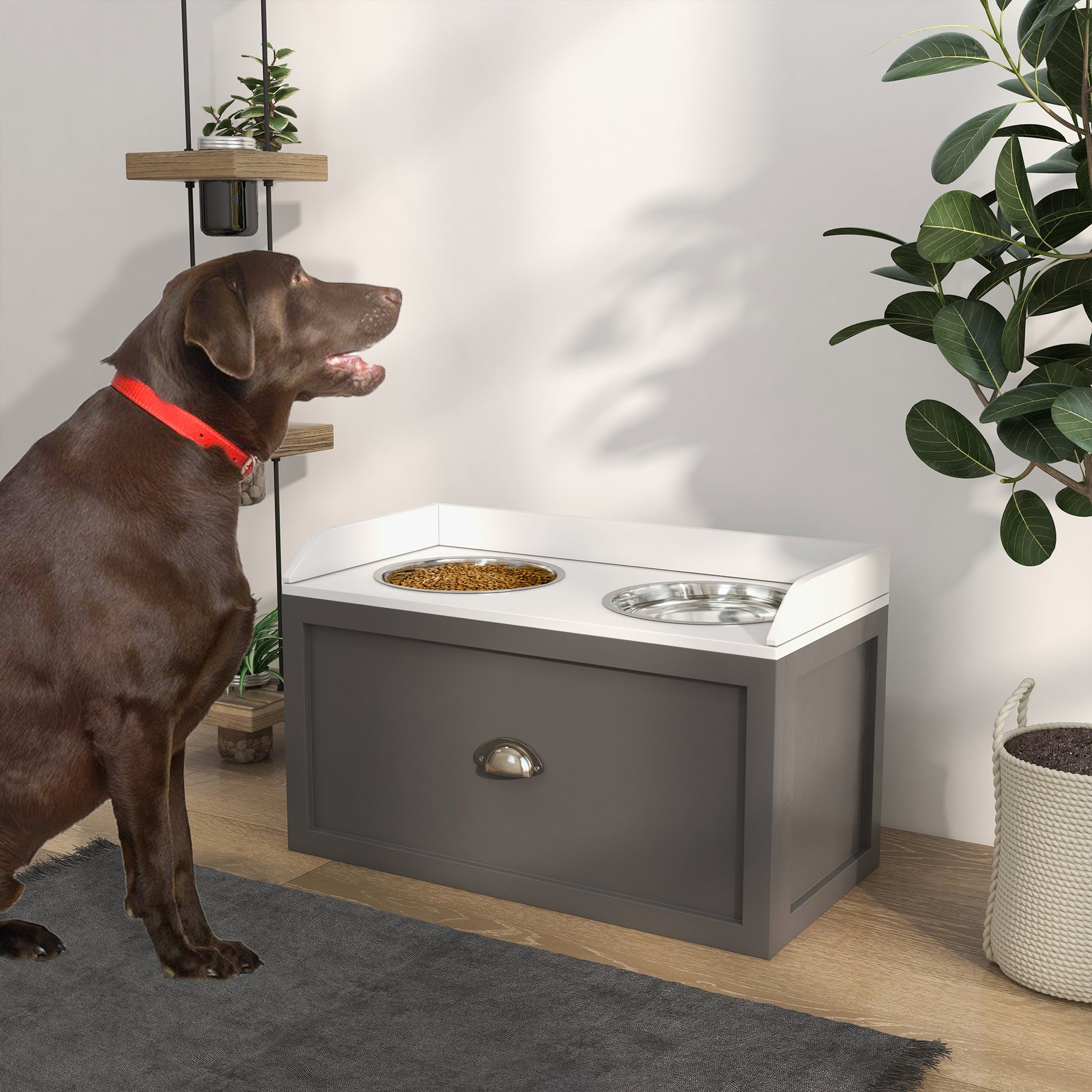 Dog Bowl, 2 x 2L Feeding Bowl, Elevated Food Bowl with Drawer, Stainless Steel Bowl, Feeding Station for Large Dogs, Gray