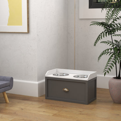 Dog Bowl, 2 x 2L Feeding Bowl, Elevated Food Bowl with Drawer, Stainless Steel Bowl, Feeding Station for Large Dogs, Gray