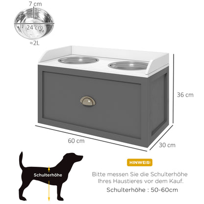 Dog Bowl, 2 x 2L Feeding Bowl, Elevated Food Bowl with Drawer, Stainless Steel Bowl, Feeding Station for Large Dogs, Gray