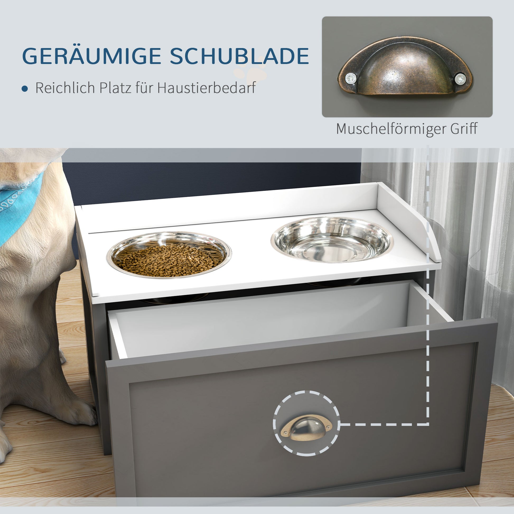 Dog Bowl, 2 x 2L Feeding Bowl, Elevated Food Bowl with Drawer, Stainless Steel Bowl, Feeding Station for Large Dogs, Gray
