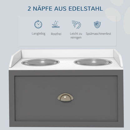 Dog Bowl, 2 x 2L Feeding Bowl, Elevated Food Bowl with Drawer, Stainless Steel Bowl, Feeding Station for Large Dogs, Gray