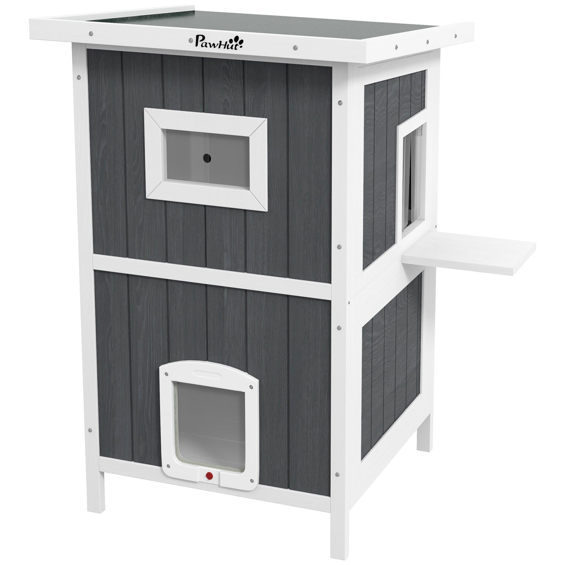 Waterproof Wooden 2-Story Cat House with Fun Entrances, Outdoor Animal Shelter with Openable Roof, 60x60x90.5cm