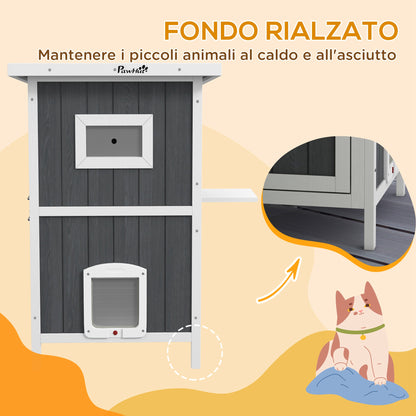 Waterproof Wooden 2-Story Cat House with Fun Entrances, Outdoor Animal Shelter with Openable Roof, 60x60x90.5cm