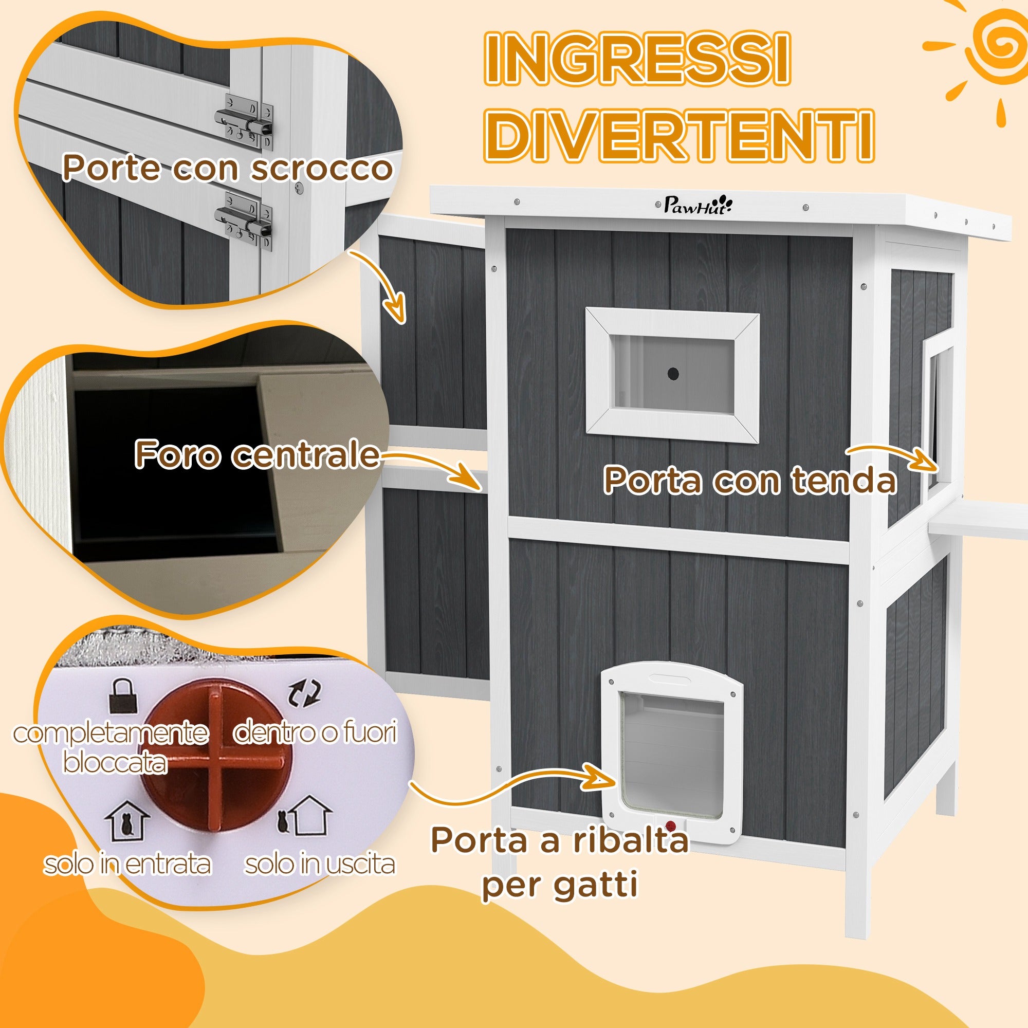 Waterproof Wooden 2-Story Cat House with Fun Entrances, Outdoor Animal Shelter with Openable Roof, 60x60x90.5cm