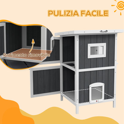 Waterproof Wooden 2-Story Cat House with Fun Entrances, Outdoor Animal Shelter with Openable Roof, 60x60x90.5cm