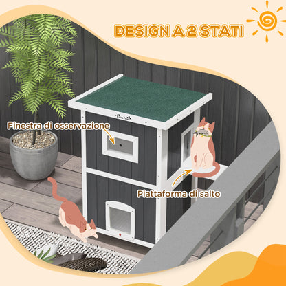 Waterproof Wooden 2-Story Cat House with Fun Entrances, Outdoor Animal Shelter with Openable Roof, 60x60x90.5cm